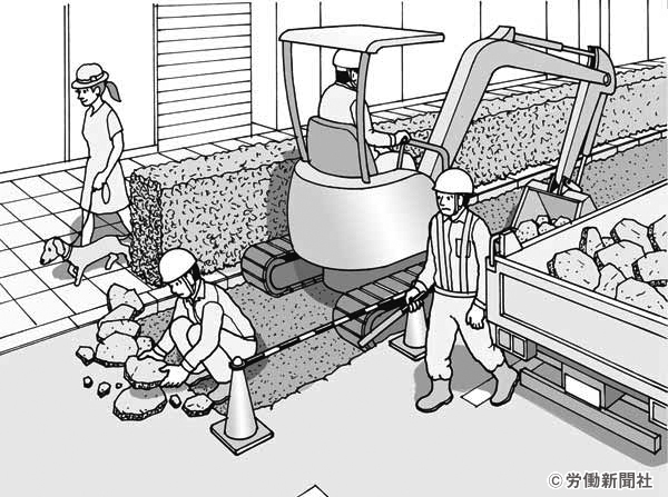 ショベルで道路舗装をはがす作業 危険予知訓練 Kyt シート 労働新聞社